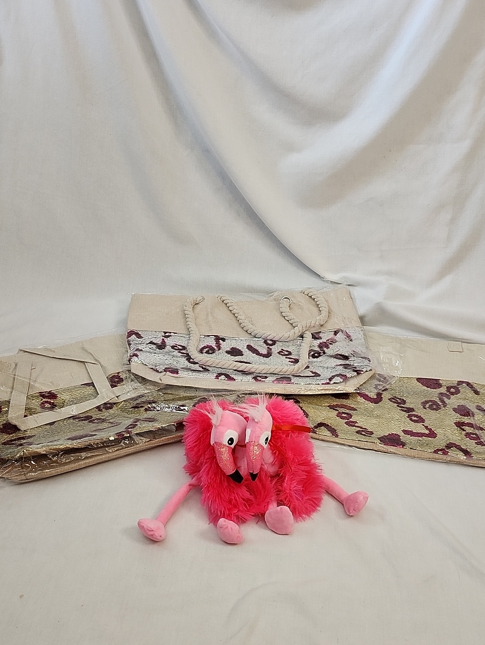 Set of Sequin "LOVE" Canvas Totes with Flamingo Plushies